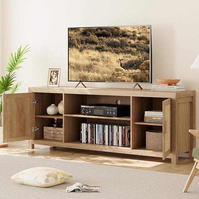 IDEALHOUSE Rattan TV Stand for 65 inch, Natural Oak Entertainment Center with Adjustable Shelves, Boho TV & Media Cabinet 2-Tier Storage for Living Room Bedroom