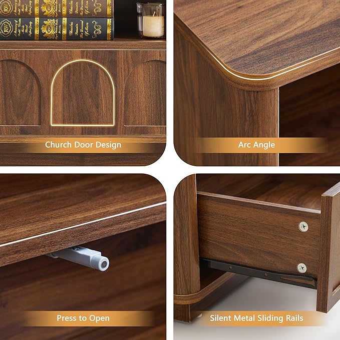 Small Nightstand with Charging Station, Accent Bedside Nightstand with Drawer, Mid Century Modern Bedroom Side Bed Table with Storage for Dorm, Living Room, Couch Sofa Chair, Office - Walnut