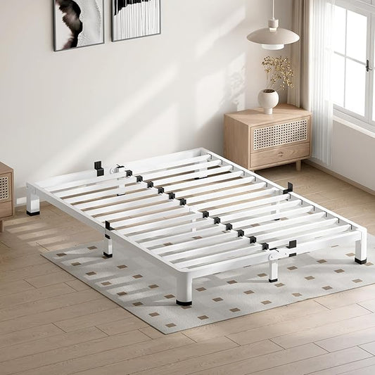 4 Inch White Queen Bed Frame, 3500Lbs Heavy Duty Metal Platform with Round Corner Legs Mattress Slide Stopper, Steel Slat Support No Box Spring Needed, Noise Free, Non-Slip, Easy Assembly