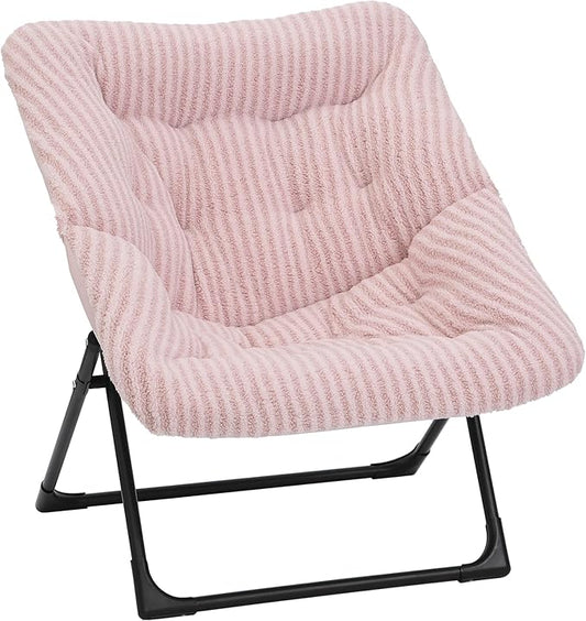 Comfy Saucer Chair for Adults, Soft Faux Fur Bedroom Chair, Accent Dorm Chairs, Flexible Living Room Reading Chairs, Oversized Folding Seat for Teens, X-Large, Stripe Pink