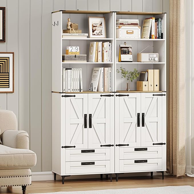 Bookshelf with Doors and 2 Drawers, 72in Tall Bookcase with Storage Cabinet and Adjustable Shelf, White Farmhouse Bookshelves Wood for Living Room, Bedroom