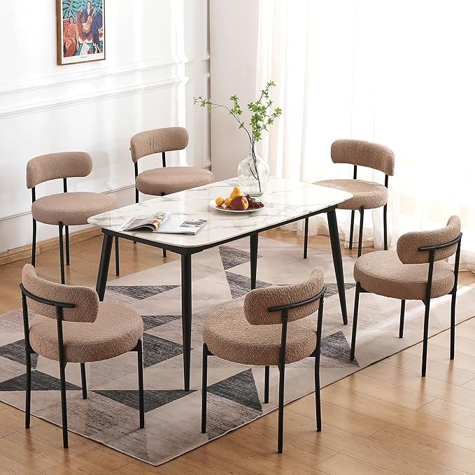 EDWELL Dining Chairs Set of 6, Round Upholstered Kitchen Dining Room Chairs, Mid- Century Modern Sherpa Dining Chair with Black Legs, Curved Backrest Boucle Chair for Kitchen, Dining Room