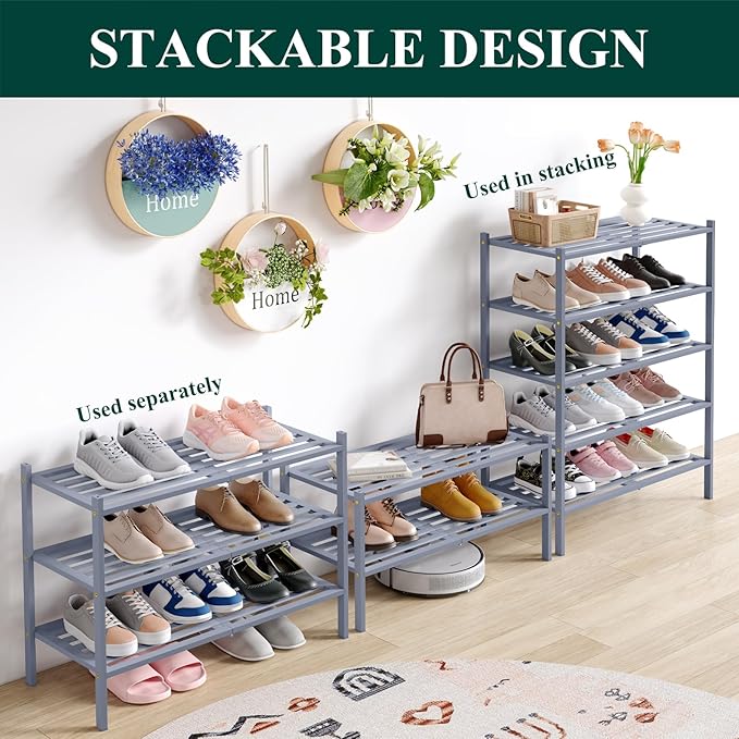 Smiry Bamboo Shoe Rack 6-Tier, Stackable Wooden Shoe Organizer for Entryway & Closet, Free Standing Wood Shoe Storage Shelf for Front Door & Small Spaces, Grey