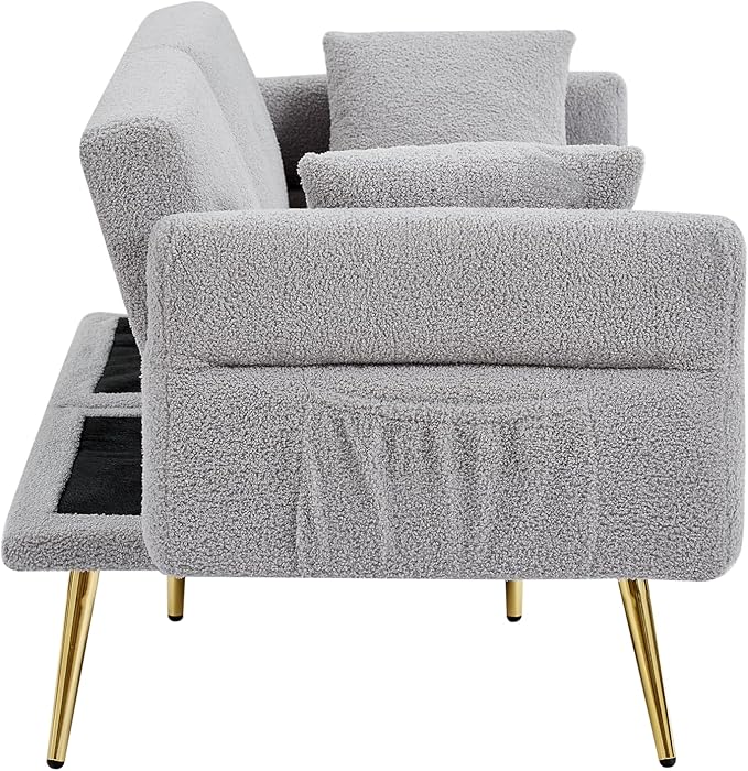 Eafurn Teddy Futon Sofa Bed Modern Folding Futon Set Convertible Recliner Lounge Sleeper Couch with Adjustable Armrest and Backrest for Living Room Apartment | Golden Legs, Wood Frame, Side Pockets