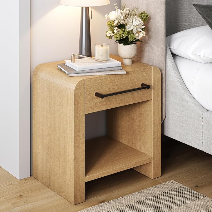Nathan James Benjamin 1-Drawer Modern Nightstand, Rustic Bedside Table with Drawer, Rounded Edges with Metal Handle, Light Brown