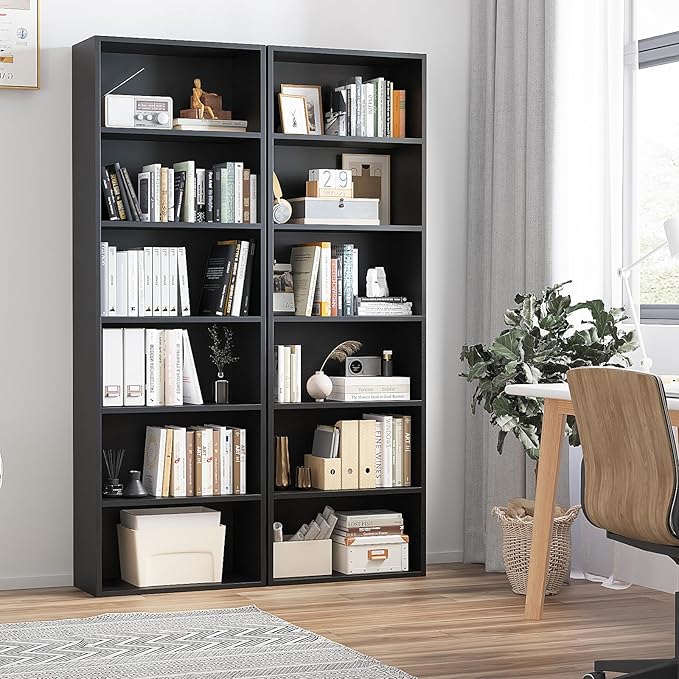 71.5" Tall Bookshelves and Bookcases Set of 2, 6 Tier Display Storage Shelves Home Decor Furniture for Home Office, Living Room, Bed Room (Black, 21.9" Wide)