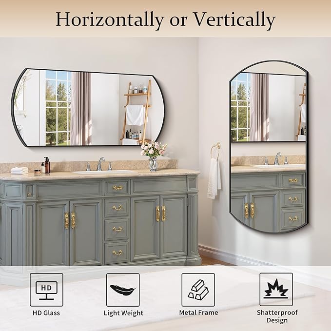 Bathroom Mirror, 24x48 Inch Black Oval Wall Mounted Mirror with Thin Metal Frame, Modern Bathroom Vanity Mirrors for Over Sink, Entryway, Living Room, Bedroom