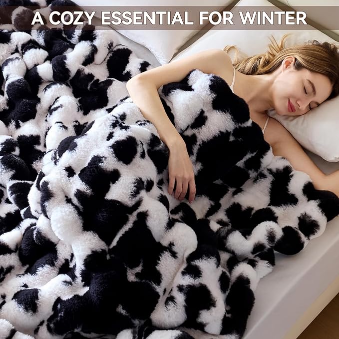 Faux Fur Throw Blanket, 1000GSM Fluffy Soft Bubble Blanket for Couch Bed, Cozy Plush Warm and Thick Blanket, Fuzzy Rabbit Throw for Living Room Bedroom 80''*90'' Cow Black