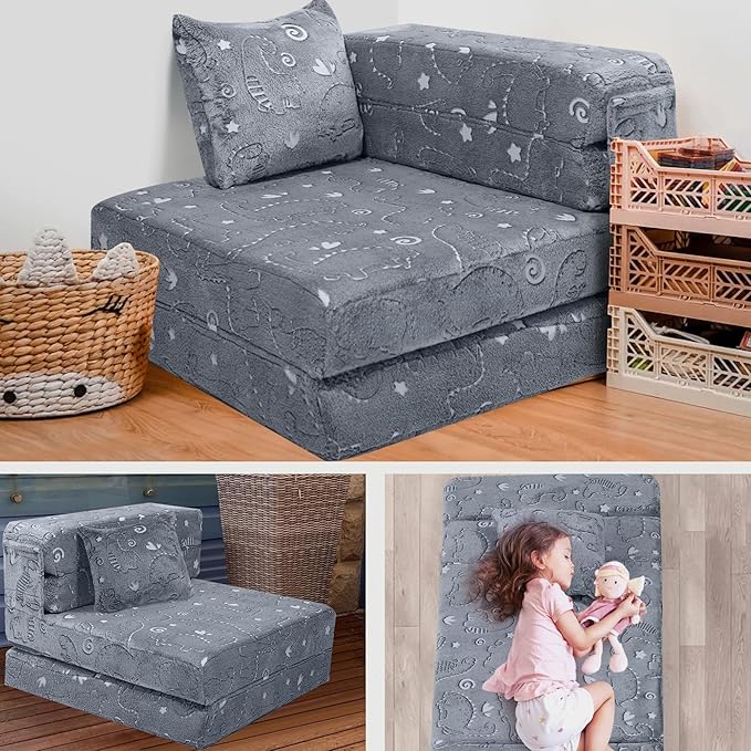 MeMoreCool Kids Floor Mattress Glow in The Dark, Convertible Sofa Couch, Folding Futon Chair Bed for Kids Playroom (Glowing Dinosaur)