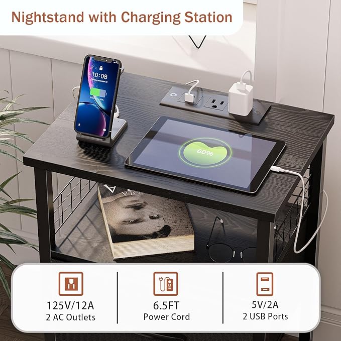 Night Stand Set 2 with Charging Station, End Table Set of 2 with 20 Colors LED Light Strip, 3 Fabric Drawers, Bedside Table with USB Ports and Outlets for Bedroom (Black)