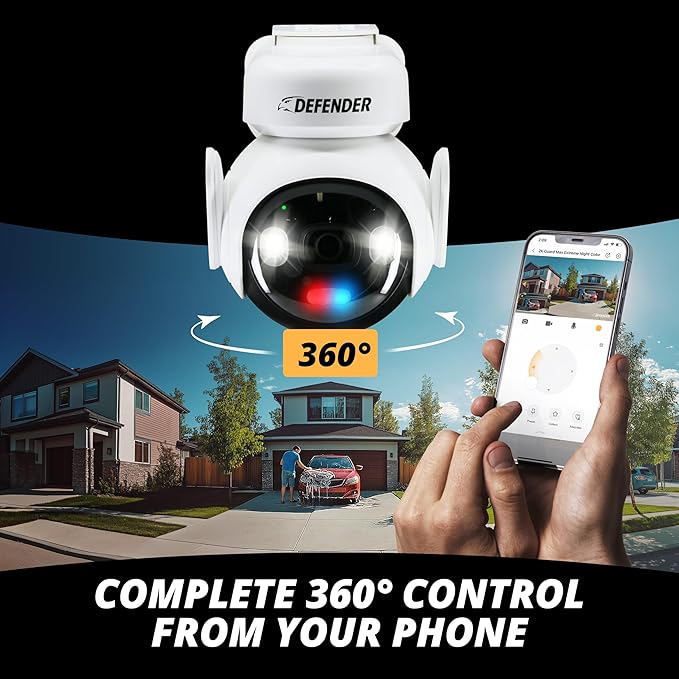 Defender Solar Powered 4K AI Guard Ultra-Charge PTZ Wireless WiFi Security Camera, 64GB SD Card, 5W Solar Panel, 10,000 mAH Battery, 24/7 Recording, AI Tracking, Two-Way Talk, Works with Guard App