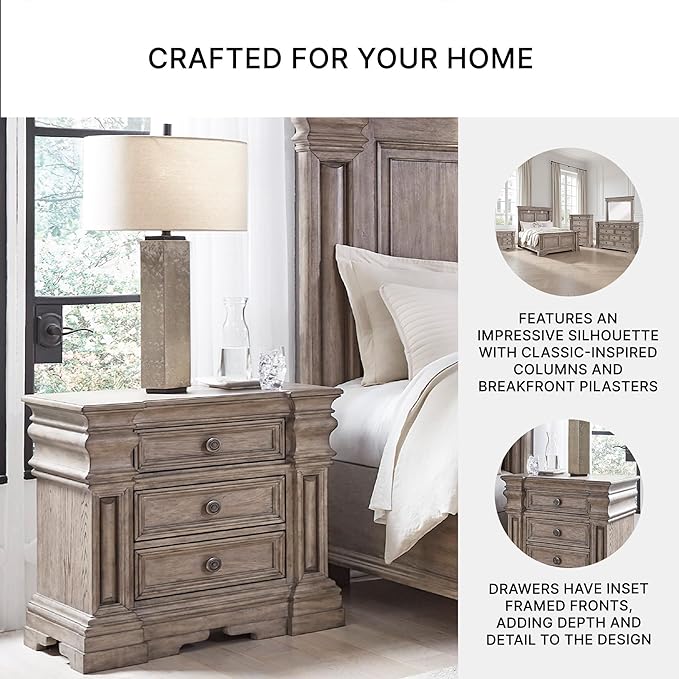Signature Design by Ashley Blairhurst 3 Drawer Nightstand with USB Charging, 28.75" Tall, Light Grayish Brown