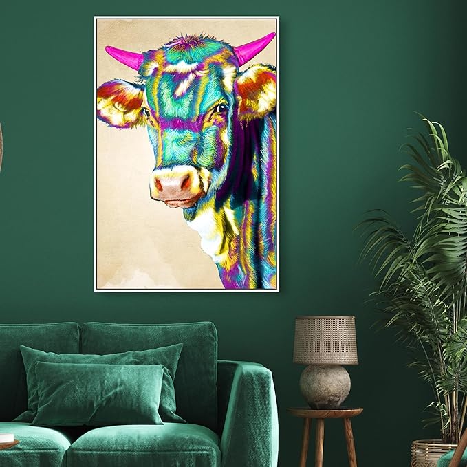 Country Farmhouse Canvas Print Painting Animal Wall Art 'Fun Colorful Glam Farm Cow' White Framed Canvas Rustic Home Décor 30x45 in Green, Pink by Oliver Gal