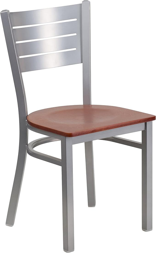 Flash Furniture HERCULES Series Silver Slat Back Metal Restaurant Chair - Cherry Wood Seat
