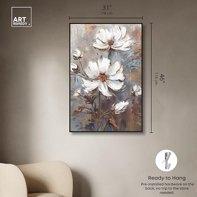 Art Remedy White Textured Flowers Canvas Elegant Floral Wall Art, Black Frame, 30" x 45"