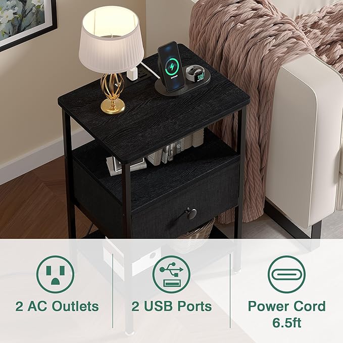 VECELO Nightstands with Charging Station Set of 2,Bedside Tables with Storage Shelf&Fabric Drawer,End Tables for Bedroom,Living Room,Small Spaces,Black