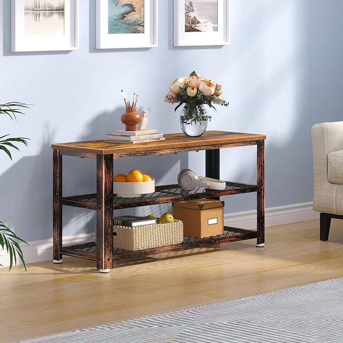 Rolanstar Shoe Bench, 3-Tier Shoe Rack, 28.7” Storage Entry Bench with Mesh Shelves Wood Seat, Rustic Foyer Bench for Hallway Front Door, Doorway, Living Room, Mudroom, Steel Frame, Rustic Brown