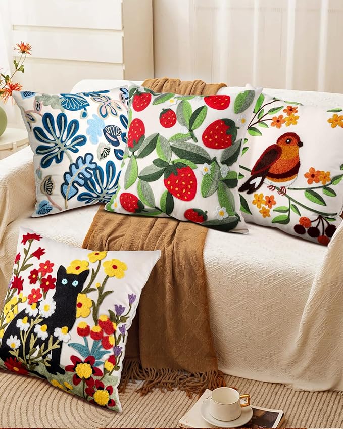 Embroidered Throw Pillow Cover - 18x18 Decorative Pillow Cover with Zipper Aesthetic Cute Design Boho Spring Summer Throw Pillowcase for Living Room Couch Sofa Bed, Leaf Strawberry