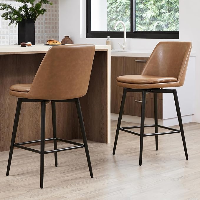 CHITA Swivel Bar Stools, 27.2" Counter Height Bar Stools Set of 4, FSC Certified Upholstered Modern Counter Stools, Metal Legs, Faux Leather, Saddle Brown