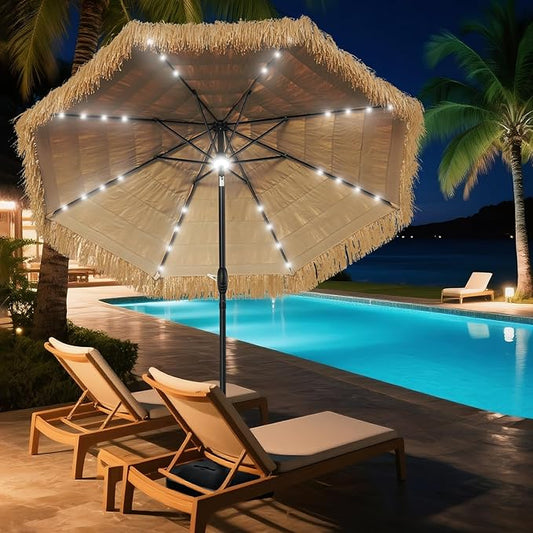 9 ft Solar Tiki Umbrella with 32 LED Lights, Tropical Vibes Thatched Umbrella Outdoor Patio with 8 Ribs, Tilt Adjustment, Manual Crank, UPF 50+ for Pool, Patio, Beach, Backyard,Garden