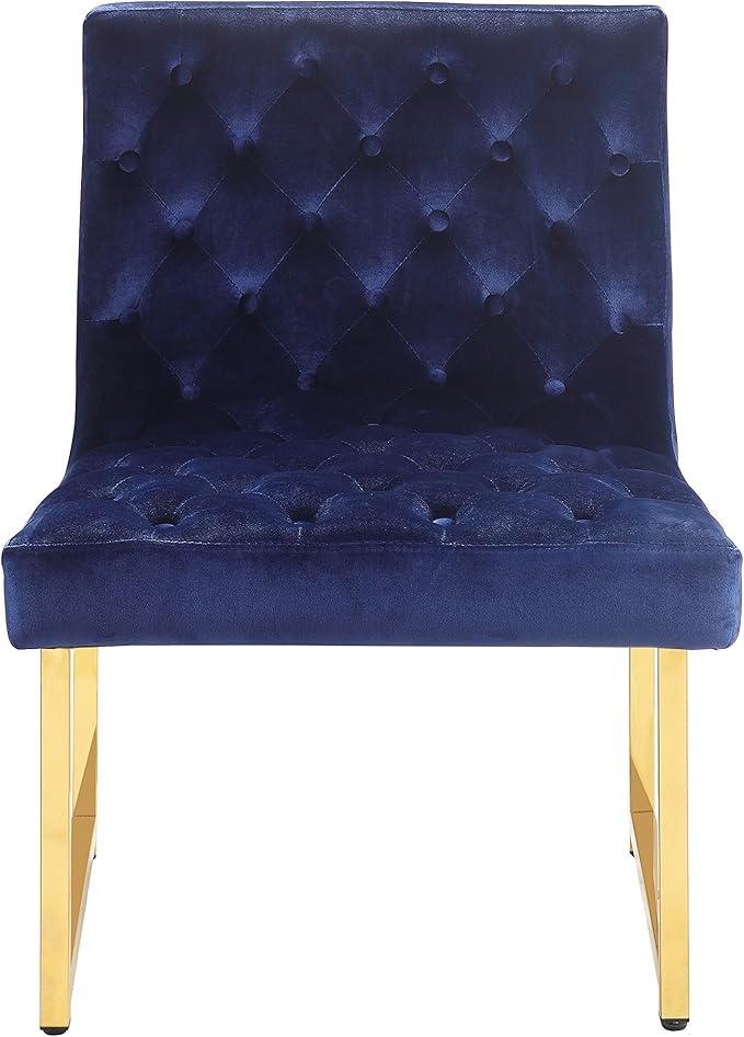 Iconic Home Moriah Accent Chair Sleek Elegant Tufted Velvet Upholstery Plush Cushion Brass Finished Polished Metal Frame, Contemporary Modern, Navy