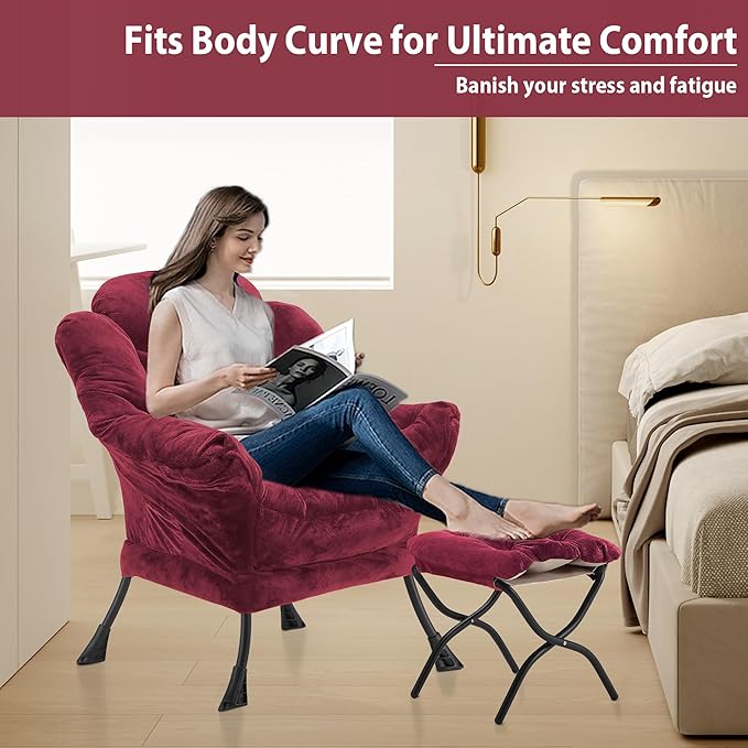 Lazy Chair with Folding Ottoman, Accent Chair Plush Upholstered with Metal Structure and Non-Slip Pads, Sofa Armchair with Footrest and Side Storage Bag for Dorm, Room, Office, Rose Red