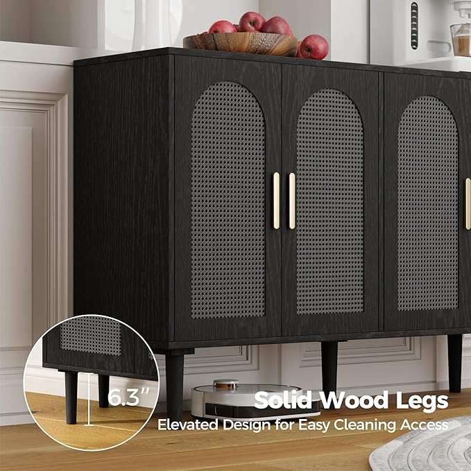 Modern Rattan-Door Sideboard Cabinet – 4-Door Credenza Buffet with Ample Storage, Large Accent Cabinet for Entryway, Living Room, Dining Room & Kitchen, Black & Grey