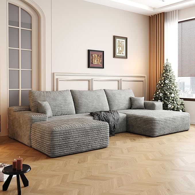 107" U Shaped Corduroy Couch with Ottoman, Compression Boneless Sofa, Deep Seat Cloud Modular Couch, Comfy Sectional Couches for Living Room Bedroom, No Assembly, Right Facing Chaise, Grey