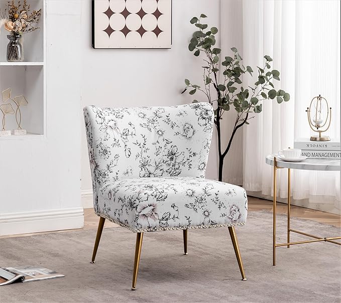 Thia Armless Accent Chair for Living Room, Elegant Seat with Nailhead Trim, Gold Metal Legs and Comfortable Curved Back, 28" D x 25" W x 29.5" H, 04 Floral Print