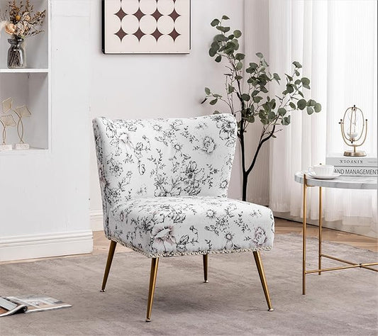 Thia Armless Accent Chair for Living Room, Elegant Seat with Nailhead Trim, Gold Metal Legs and Comfortable Curved Back, 28" D x 25" W x 29.5" H, 04 Floral Print