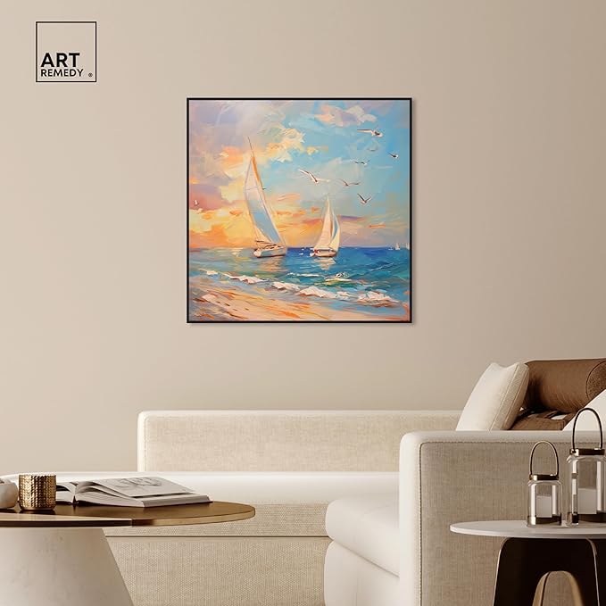 Art Remedy Sailboats In The Sunset Framed Sailing 1 Piece Canvas Wall Art, 41" x 41", Black Frame