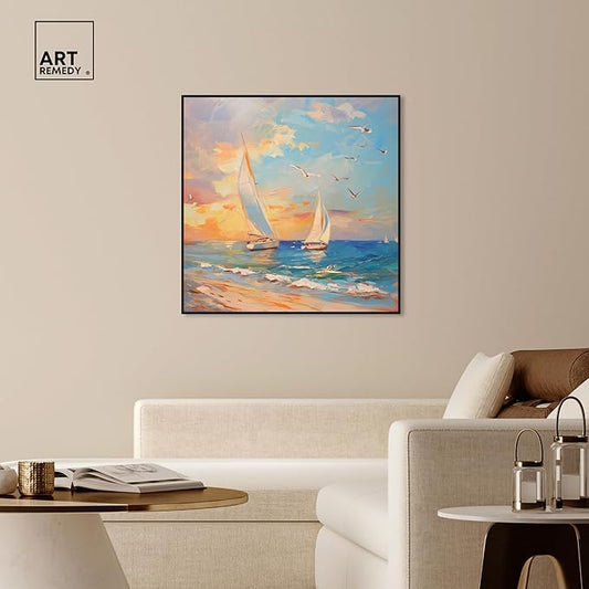 Art Remedy Sailboats In The Sunset Framed Sailing 1 Piece Canvas Wall Art, 41" x 41", Black Frame