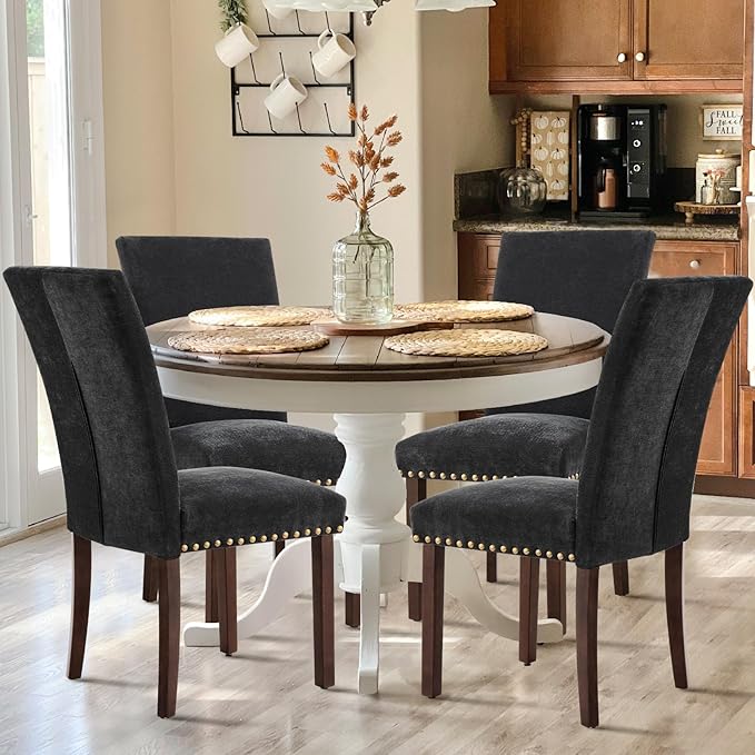 COLAMY Upholstered Parsons Dining Chairs Set of 4, Fabric Dining Room Kitchen Side Chair with Nailhead Trim and Wood Legs - F-Black