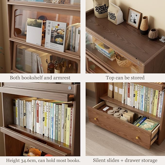 Solid Wood Bookcase With Flip-Up Tempered Glass Doors And 3 Color Led Lights,4 -Tier Wooden Bookshelf And 1 Drawer,Tall Bookshelves Modern Storage Cabinet Kitchen Pantry For Living Room,Office