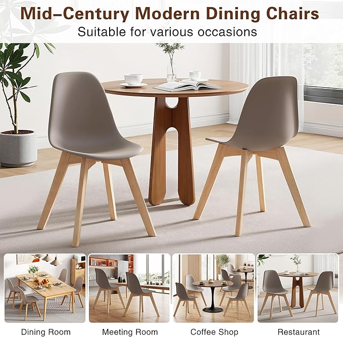 VECELO Dining Chairs Set of 4, Mid-Century Modern Kitchen & Dining Room Chairs, Molded Plastic Seat & Back, Solid Wood Legs, Armless, Non-Slip Feet, Grey