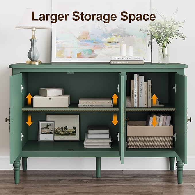 RoyalCraft Buffet Sideboard with 3 Doors, Mid-Century Sideboard Cabinet with Adjustable Shelves, Wood Buffet Cabinet with Turned Legs, Accent Cabinets for Entryway, Living Room, Dining Room, Green