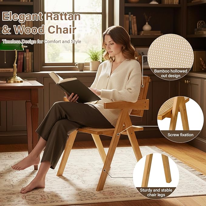 Rattan Dining Chairs Set of 2, Modern Mid Century Accent Chairs, Comfy Armchairs, Outdoor Rattan Chairs with Armrest for Bedroom Living Room Reading Room Dining Kitchen