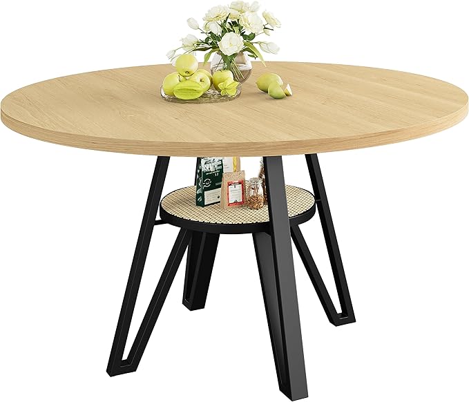 LIKIMIO Round Dining Table for 4, 47.2” Wooden Kitchen Table with Rattan Storage Shelf, Space-Saving for Modern Dining Room, Living Room, Natural