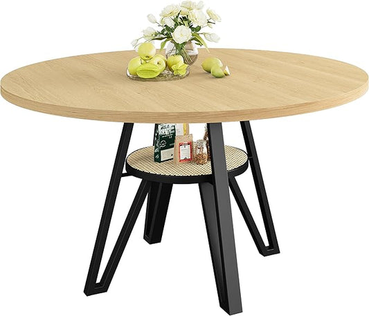 LIKIMIO Round Dining Table for 4, 47.2” Wooden Kitchen Table with Rattan Storage Shelf, Space-Saving for Modern Dining Room, Living Room, Natural