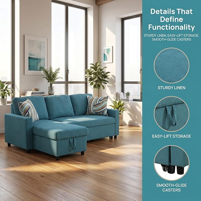 Pull Out Couch, L Shaped Sectional Couch with Pull Out Bed, Convertible Sofa Bed with Storage Chaise, Queen Size Sleeper Sofa, Sofa Bed Couch, Sleeper Sofa with Storage, Blue