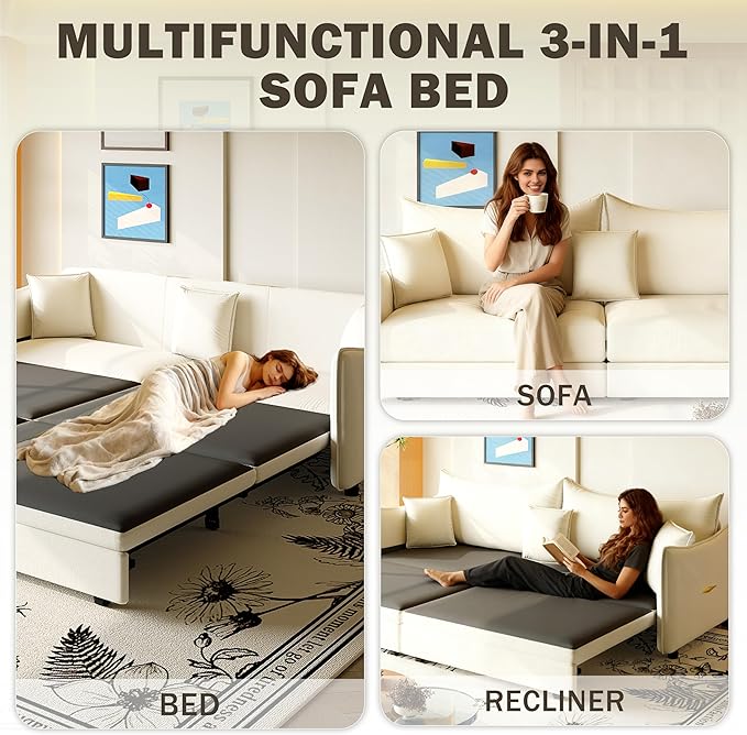 Eafurn 82" Oversized Loveseat Convertible Pull Out Sleeper Sofa Couch Bed King Size, 3-in-1 Sleeper Loveseat Sofa Lounge Chaise with Pull Out Bed and Curved Armrest | Removable Cushions