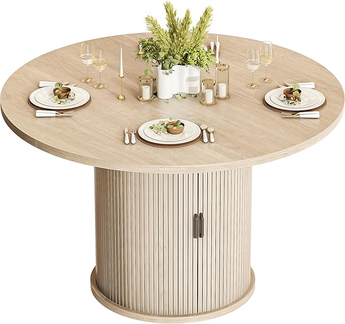 47 Inch Round Dining Table for 4-6 Round Table Kitchen Modern Round Dining Room Table with 2-Layer Storage Shelf and Wood Slide Door Circle Kitchen Tables for Dining Room Oak