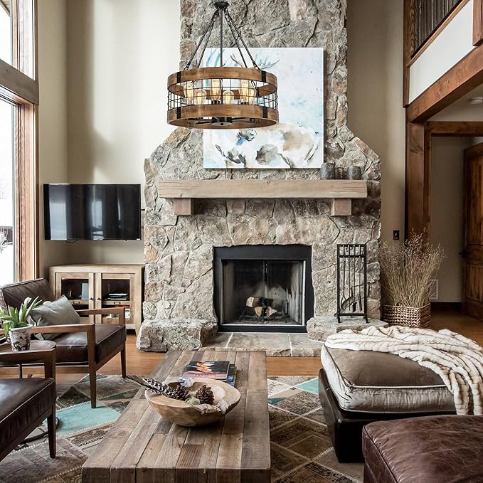 6-Light Farmhouse Wood Chandelier for Dining Room, Rustic Foyer Light Fixtures, Industrial Drum Hanging Lights for Kitchen Island Entryway, Nature Wood Texture and Black Metal Finish