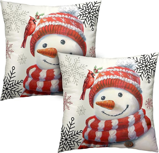 Christmas Snowman Pillow Covers 22x22 Set of 2 Winter Holiday Throw Pillow Covers for Living Room Bedroom Sofa Red Snowman with Cardinal Bird Snowflake Cushion Case