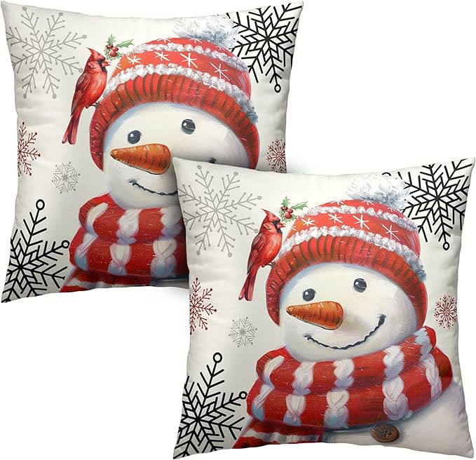 Red Snowman with Cardinal Bird Pillow Covers 24x24 Christmas Holiday Throw Pillow Covers Winter Snowflake Cushion Case for Living Room Bedroom Sofa Set of 2