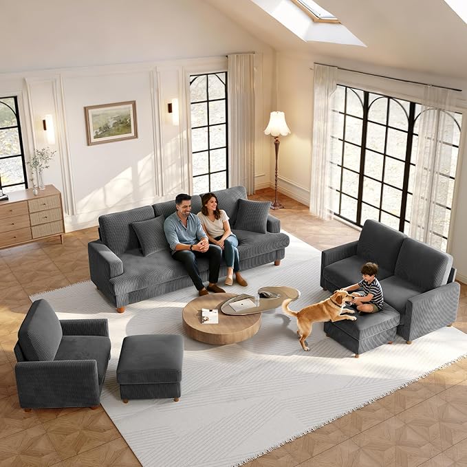 Welzona 25.2" Couches for Living Room, Comfy Grey Ottoman with Storage, Foot Rest Tool-Free Setup, Small Ottoman Foot Rest for Couch, Corduroy Couch for Bedroom, Apartment, Office