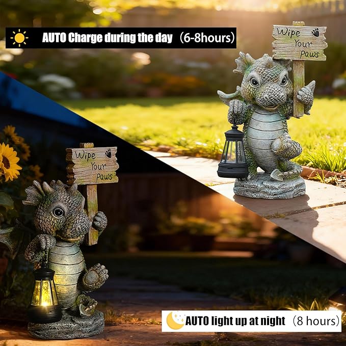Solar Dragon Garden Statue with Lantern, Resin Outdoor Yard Decor Figurine, Waterproof Solar Powered Light for Patio, Lawn, Walkway & Front Porch (Dragon)
