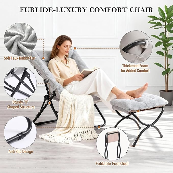 Saucer Chair with Ottoman, Oversized Foldable Faux Fur Chair, X-Large Soft Dorm Chair, Patio, Study, Playroom (Grey)