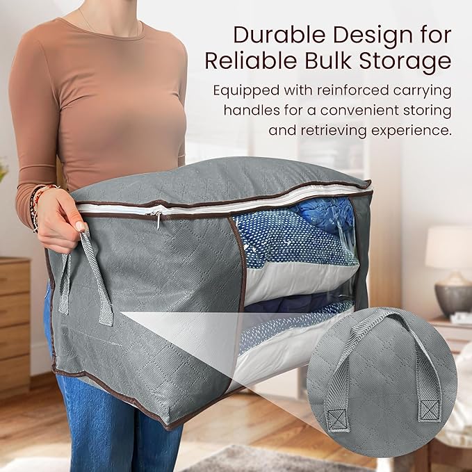 Reli. 60L Clothes Storage Bags (9 Pack) Closet Organizers, Storage Containers | Foldable Clothes Bins w/Lids, Handles | Large Bags for Storing Towels, Clothing, Toys, Blankets | Grey