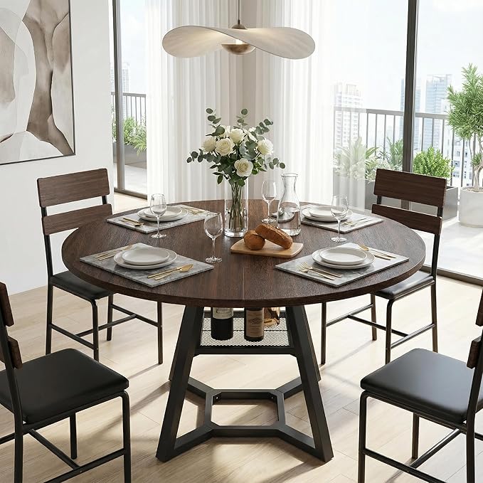 Round Dining Table for 4-6 with Storage Shelf, Kitchen & Dining Room Circle Pedestal Table, Heavy Duty Metal Frame & Wood Top
